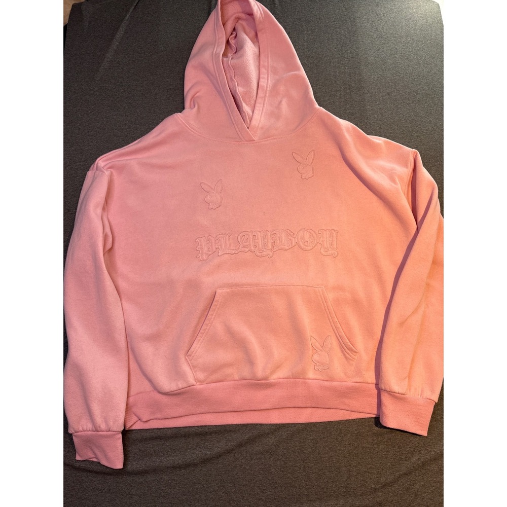 Playboy Pink Hoodie Tonal Puff Print Old English Logo Pullover Sweatshirt XL